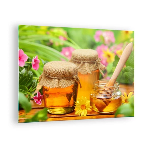 Quadro su vetro - Vasetti di miele su uno sfondo di fiori nel giardino - 70x50cm - Dolce miele di fiori - Decorazione murale moderna per soggiorno e camera da letto ARTTOR