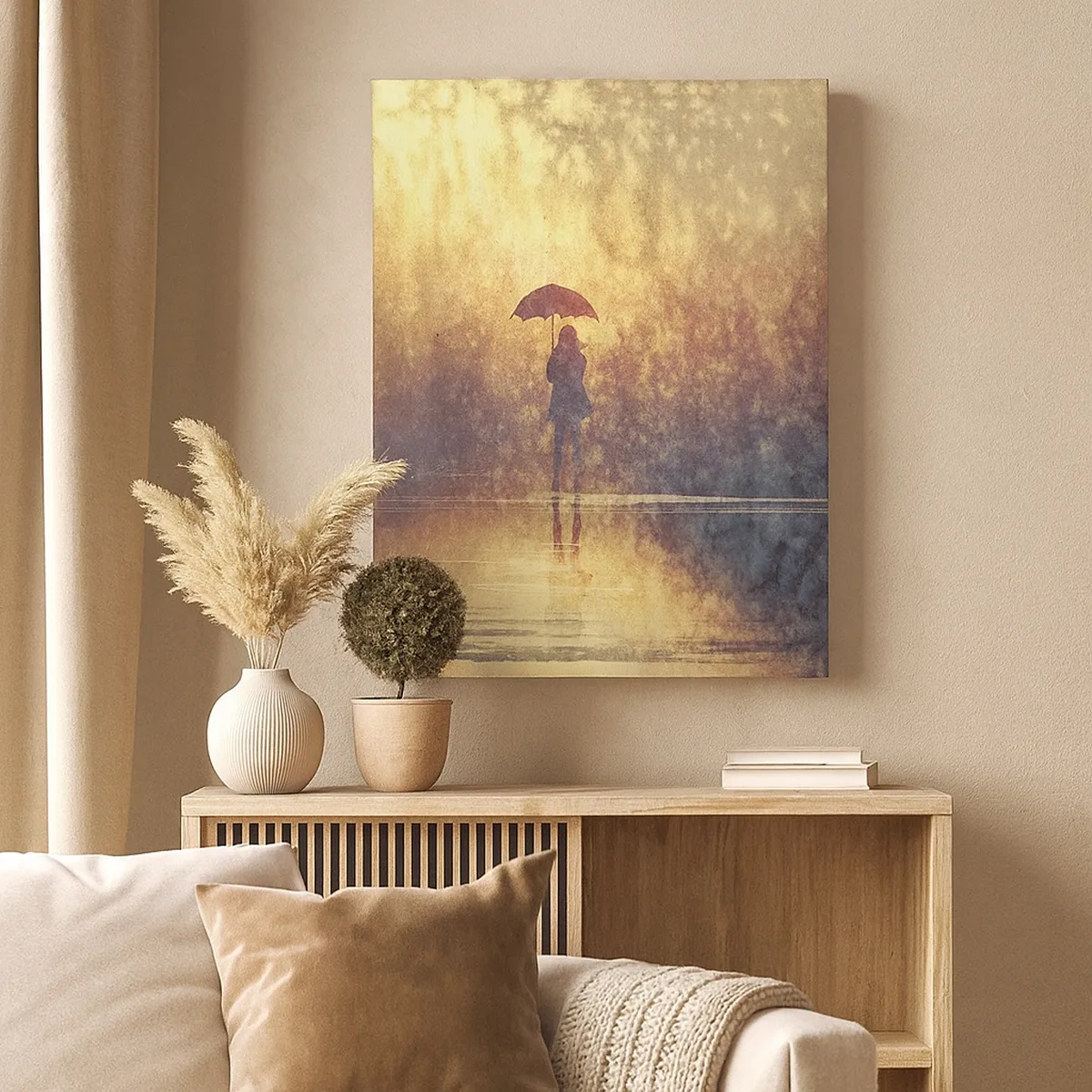 Quadro su tela - Stampe su Tela - Una figura con un ombrello in un paesaggio nebbioso pieno di riflessi - 50x70cm - Sento che qualcuno mi guarda - Decorazione murale moderna per soggiorno e camera da letto ARTTOR