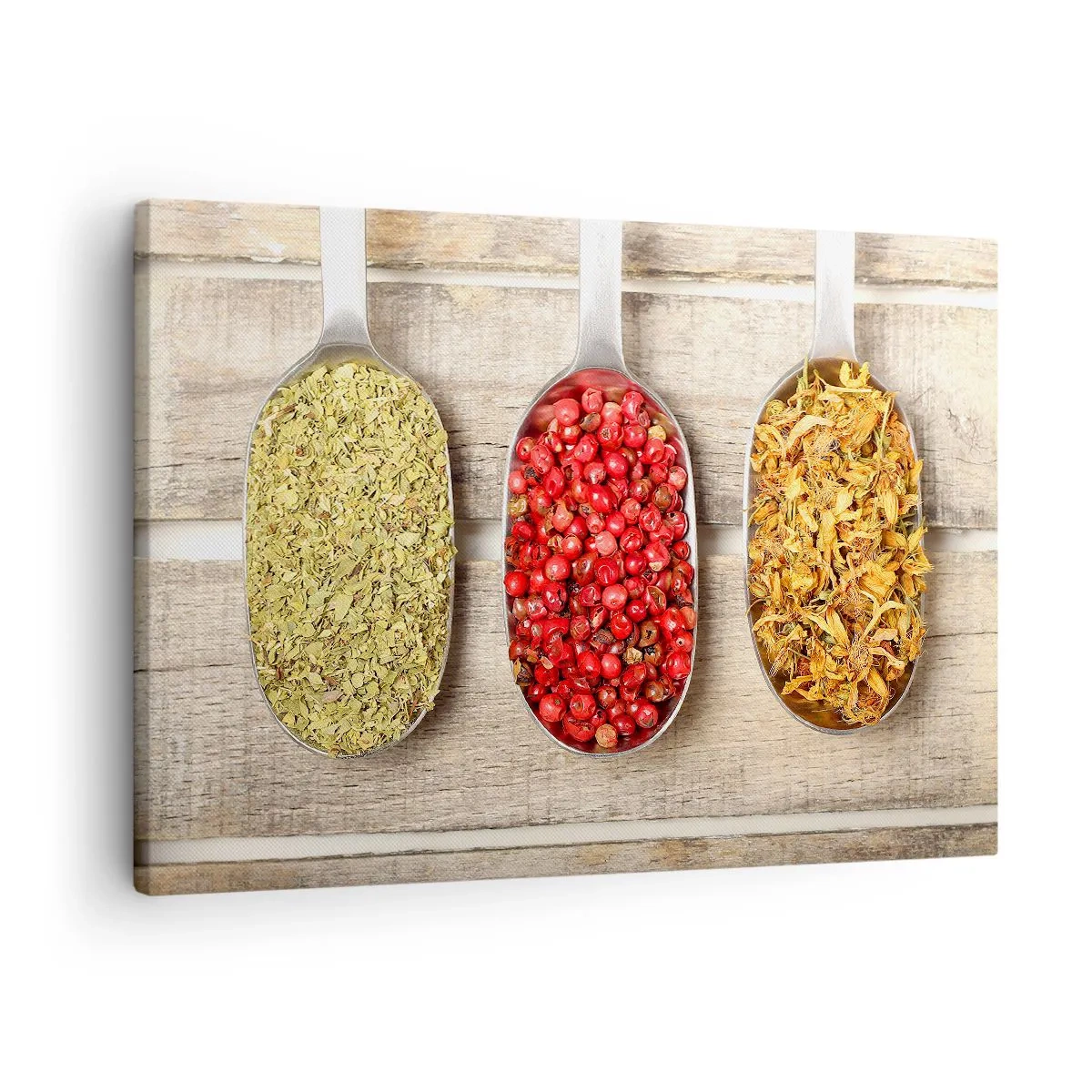 Quadro su tela - Stampe su Tela - Tre cucchiai di metallo con spezie su uno sfondo di legno - 70x50cm - Magia in cucina - Decorazione murale moderna per soggiorno e camera da letto ARTTOR
