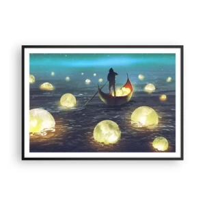 Poster in cornice nera - Una figura in una barca circondata da sfere luminose sull'acqua - 100x70cm - Cose che neanche i filosofi hanno sognato - Decorazione murale moderna per soggiorno e camera da letto ARTTOR