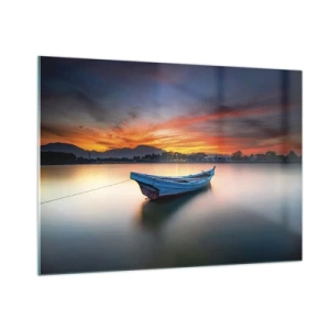 Quadro su vetro - Barca di legno sul lago al tramonto - 100x70cm - Viene una notte buona - Decorazione murale moderna per soggiorno e camera da letto ARTTOR