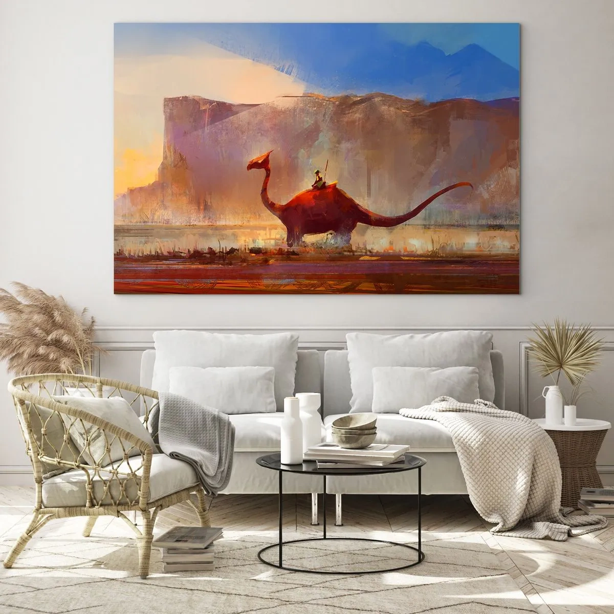 Quadro su vetro - Un paesaggio fantastico con un cavaliere su una creatura preistorica - 120x80cm - Se non si fossero estinti - Decorazione murale moderna per soggiorno e camera da letto ARTTOR