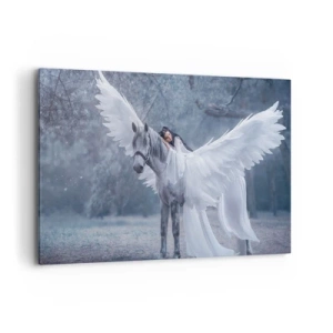 Quadro su tela - Stampe su Tela - Una donna su un cavallo bianco con le ali in una foresta magica - 120x80cm - Momento ispirato - Decorazione murale moderna per soggiorno e camera da letto ARTTOR