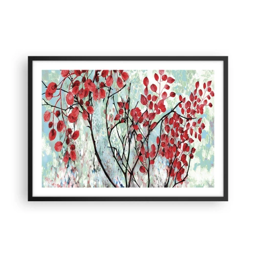 Poster in cornice nera - Foglie rosse contro un cielo luminoso con motivi astratti - 70x50cm - Albero in scarlatto - Decorazione murale moderna per soggiorno e camera da letto ARTTOR