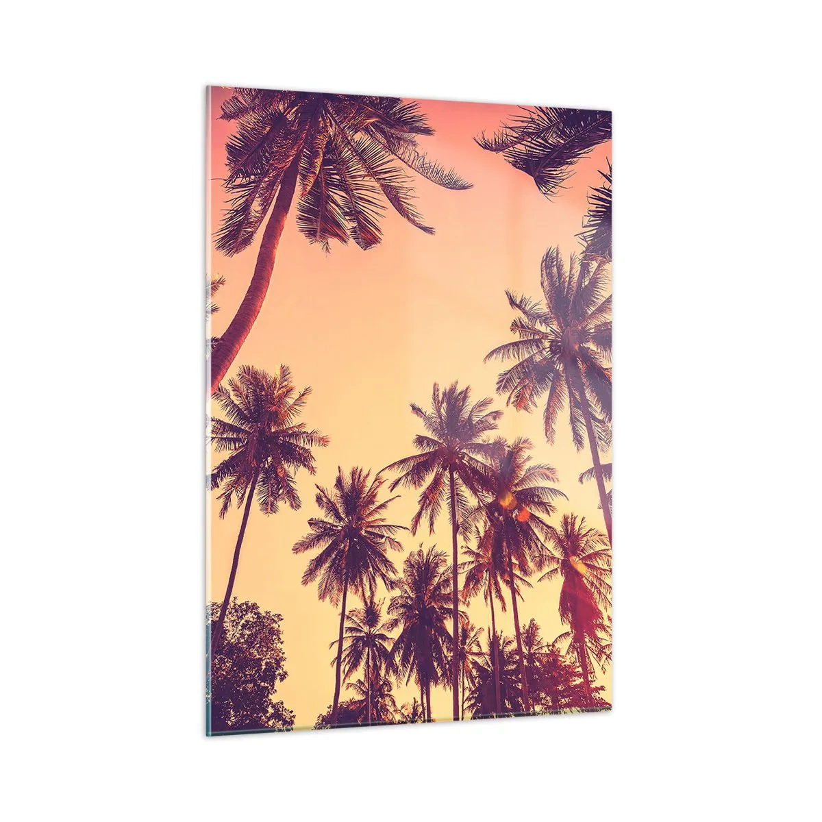 Quadro su vetro - Palme sotto i raggi del sole al tramonto - 50x70cm - Composizione tropicale - Decorazione murale moderna per soggiorno e camera da letto ARTTOR