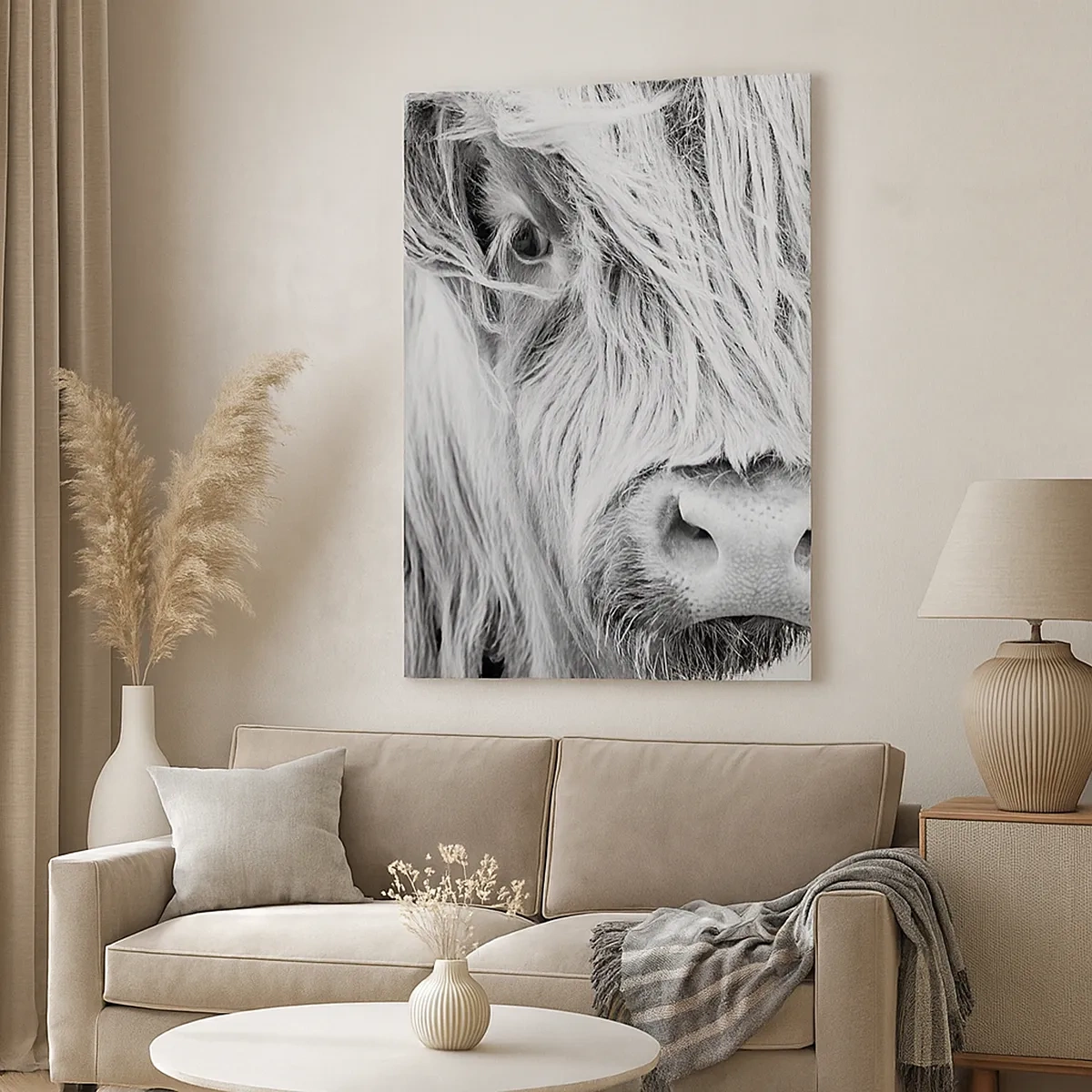 Quadro su tela - Stampe su Tela - Ritratto di una mucca scozzese in bianco e nero - 50x70cm - Selvaticità scozzese - Decorazione murale moderna per soggiorno e camera da letto ARTTOR
