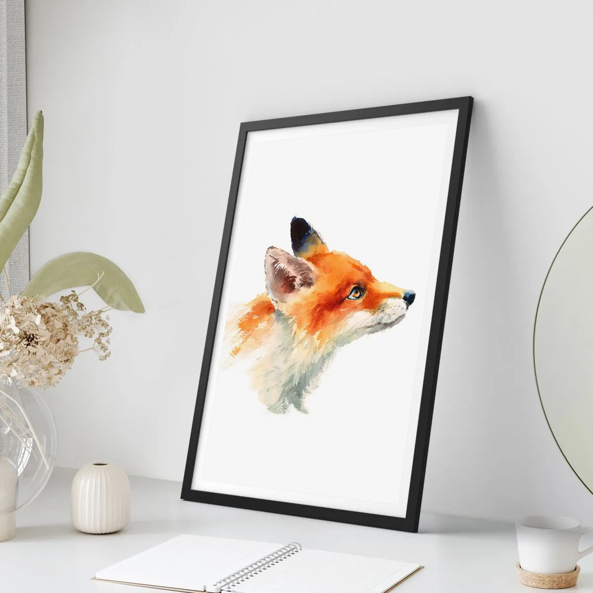 Poster in cornice nera - Ritratto ad acquerello di una volpe rossa - 50x70cm - La prudenza non è mai troppa - Decorazione murale moderna per soggiorno e camera da letto ARTTOR