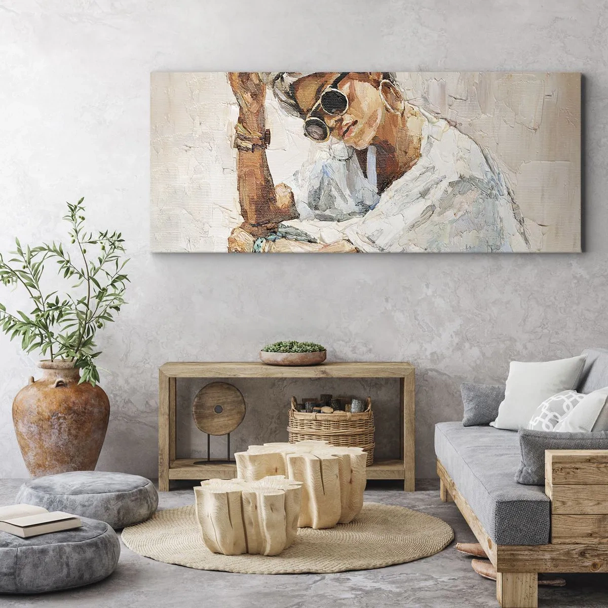 Quadro su tela - Stampe su Tela - Ritratto di una donna che indossa occhiali da sole contro una parete chiara - 120x50cm - Ritratto in pieno sole - Decorazione murale moderna per soggiorno e camera da letto ARTTOR