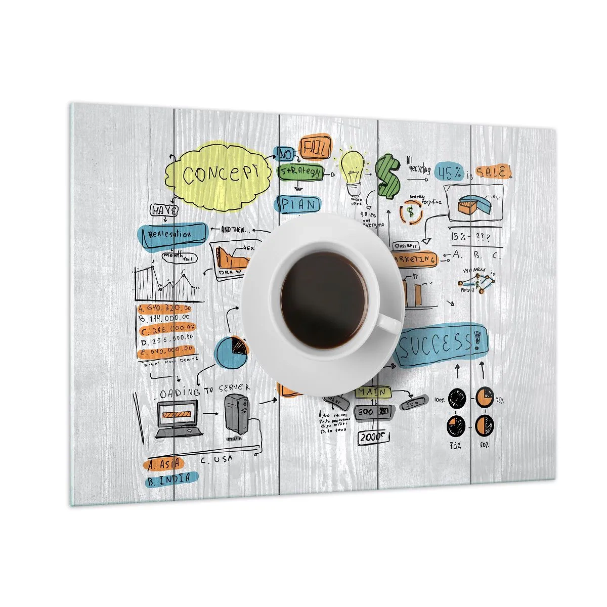 Quadro su vetro - Una tazza di caffè su uno sfondo di diagrammi e disegni concettuali - 100x70cm - Un momento di pausa - Decorazione murale moderna per soggiorno e camera da letto ARTTOR