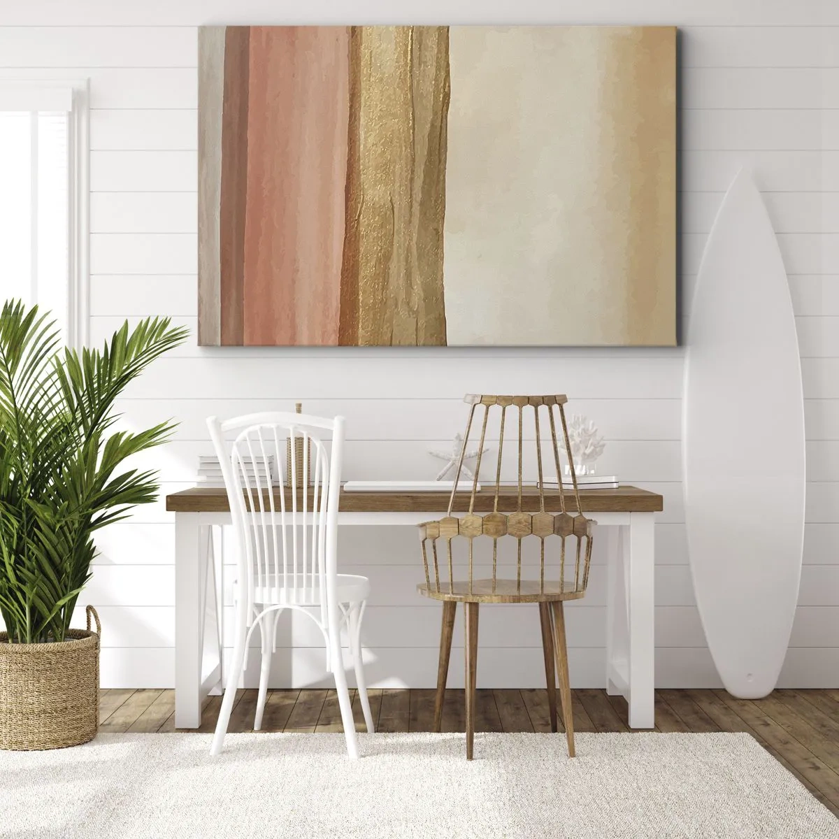 Quadro su tela - Stampe su Tela - Strisce astratte nei toni del beige, oro e rosa su tela - 120x80cm - Composizione verticale - Decorazione murale moderna per soggiorno e camera da letto ARTTOR