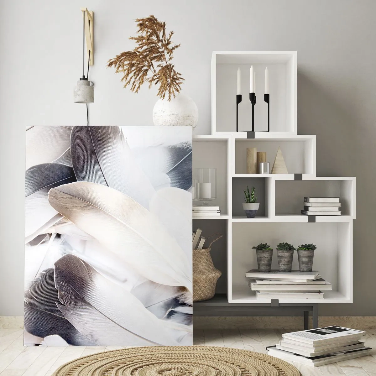 Quadro su vetro - Piume delicate e leggere nei toni del bianco e del grigio - 50x70cm - Quasi angeliche - Decorazione murale moderna per soggiorno e camera da letto ARTTOR