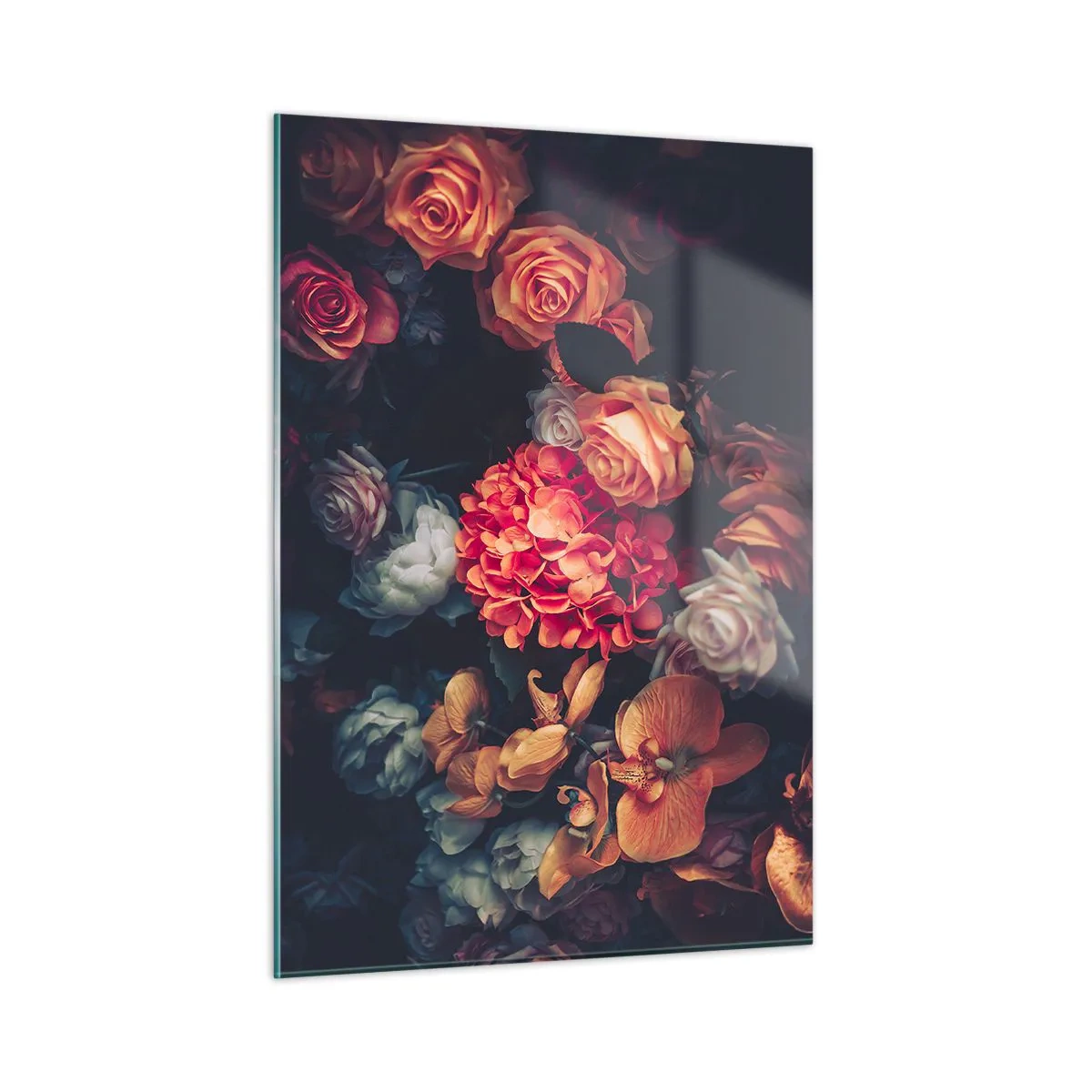 Quadro su vetro - Composizione floreale scura con rose e orchidee - 50x70cm - Come i maestri olandesi - Decorazione murale moderna per soggiorno e camera da letto ARTTOR