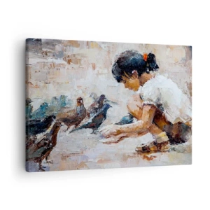 Quadro su tela - Stampe su Tela - Una ragazza che dà da mangiare agli uccelli in stile pittorico - 70x50cm - Piccoli e gentili - Decorazione murale moderna per soggiorno e camera da letto ARTTOR
