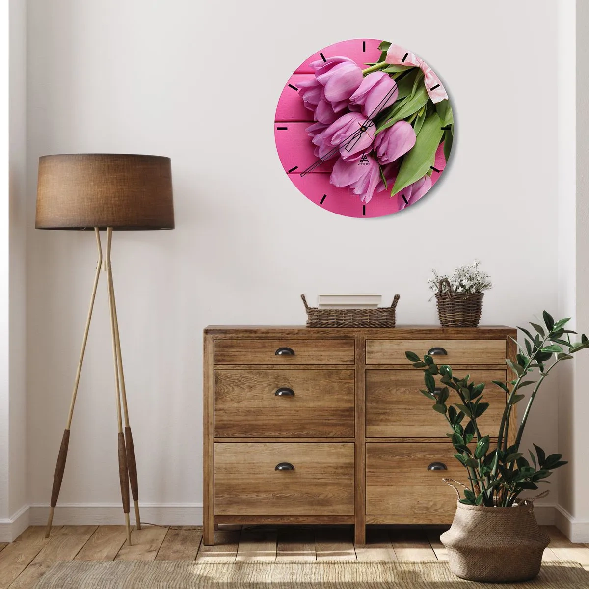 Orologio da parete - Orologio in Vetro - Un mazzo di tulipani rosa su uno sfondo rosa - 30x30cm - Proprio per te - Decorazione murale moderna per soggiorno, cucina e camera da letto ARTTOR