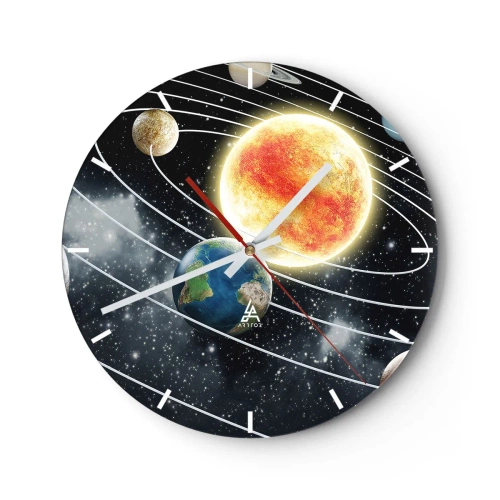 Orologio da parete - Orologio in Vetro - Il sistema solare con il Sole e le orbite planetarie visibili - 30x30cm - Danza cosmica - Decorazione murale moderna per soggiorno, cucina e camera da letto ARTTOR