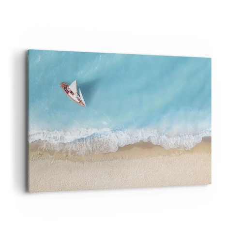 Quadro su tela - Stampe su Tela - Una vista a volo d'uccello di una barca sulla spiaggia - 120x80cm - Al confine del blu e dell'oro - Decorazione murale moderna per soggiorno e camera da letto ARTTOR