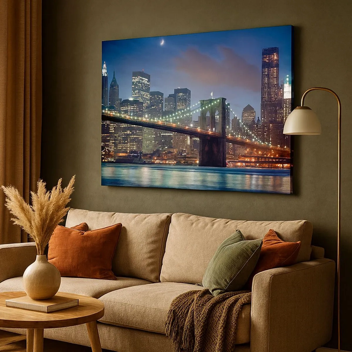 Quadro su tela - Stampe su Tela - Ponte di New York City di notte con edifici illuminati - 70x50cm - Notte illuminata - Decorazione murale moderna per soggiorno e camera da letto ARTTOR