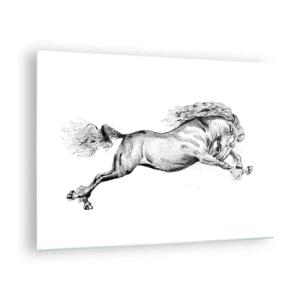 Quadro su vetro - Disegno in bianco e nero di un cavallo al galoppo - 70x50cm - Fermo al galoppo - Decorazione murale moderna per soggiorno e camera da letto ARTTOR