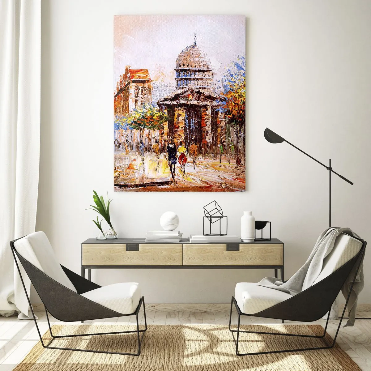 Quadro su vetro - Una pittoresca strada cittadina con un edificio storico sullo sfondo - 50x70cm - Passeggiata a Parigi - Decorazione murale moderna per soggiorno e camera da letto ARTTOR