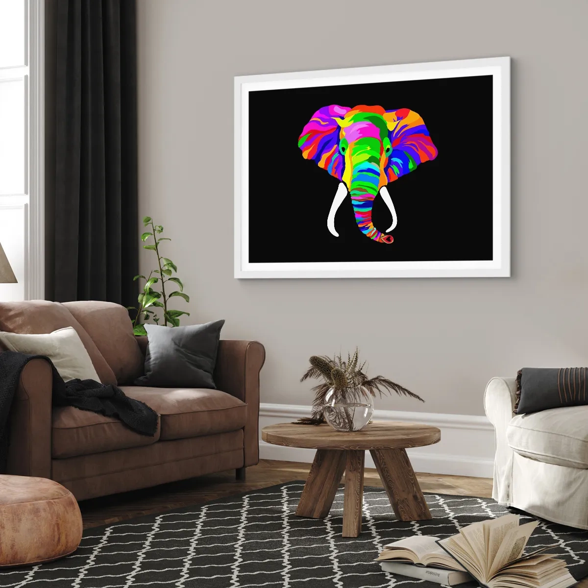 Poster in cornice bianca - L'elefante che faceva il bagno nell'arcobaleno - 50x40 cm