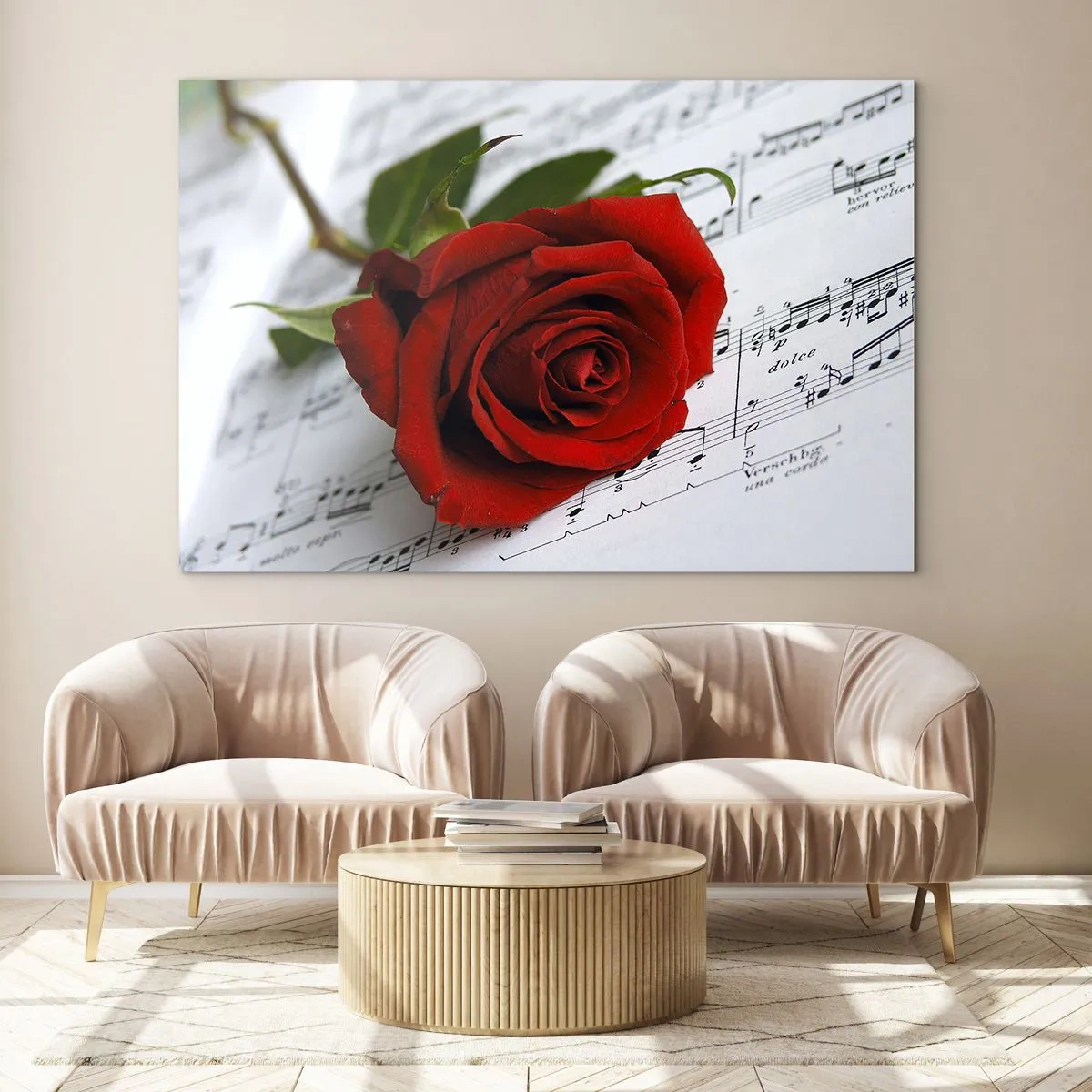 Quadro su vetro - Una rosa rossa su uno sfondo di note musicali - 120x80cm - La musica dei sentimenti in scarlatto - Decorazione murale moderna per soggiorno e camera da letto ARTTOR