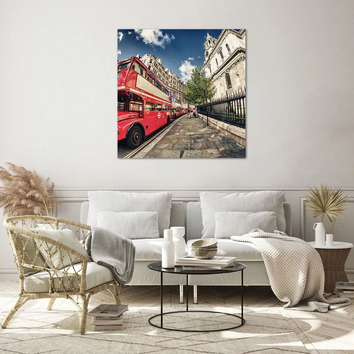 Quadro su vetro - Via di Londra in grigio e rosso - 50x50 cm