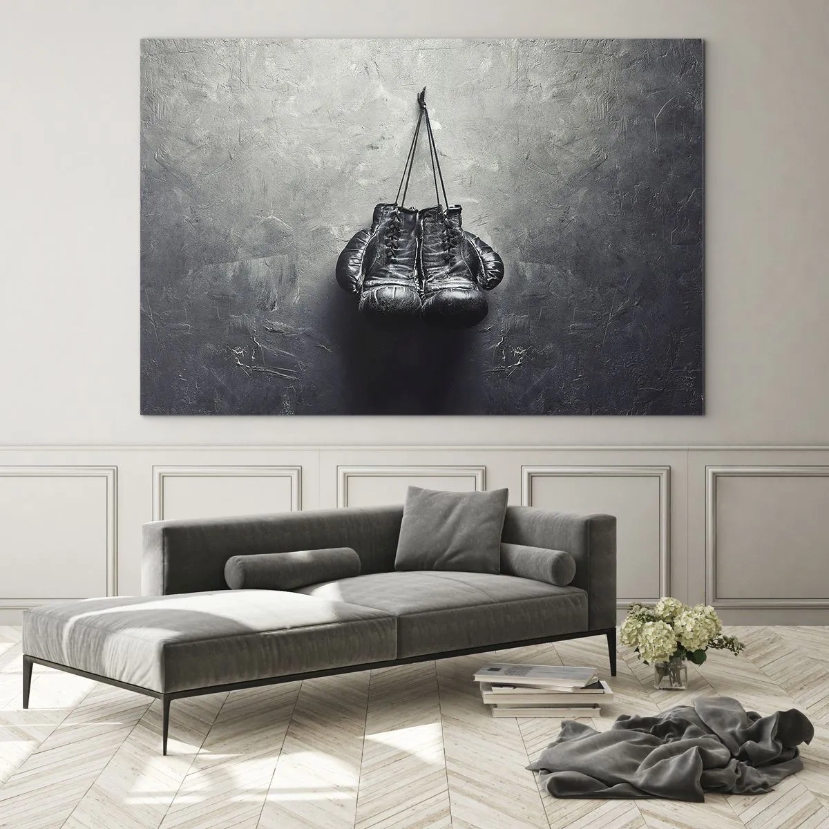 Quadro su vetro - Guantoni da boxe neri appesi al muro - 70x50cm - Tempo di lotte e tempo di pace - Decorazione murale moderna per soggiorno e camera da letto ARTTOR