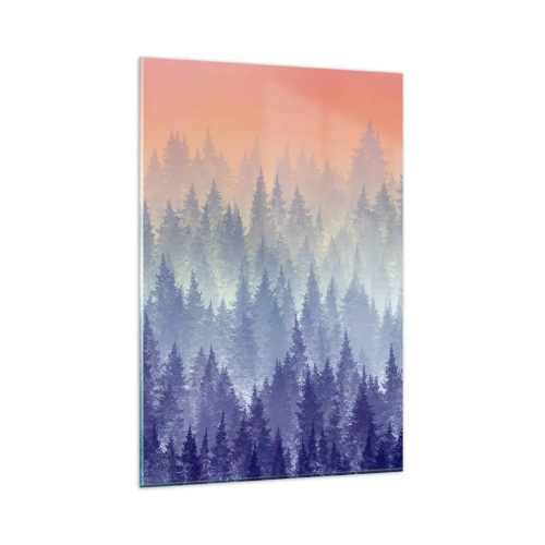 Quadro su vetro - Una foresta nebbiosa nei toni del viola e dell'arancione - 80x120cm - Alto, più in alto, fino al cielo - Decorazione murale moderna per soggiorno e camera da letto ARTTOR