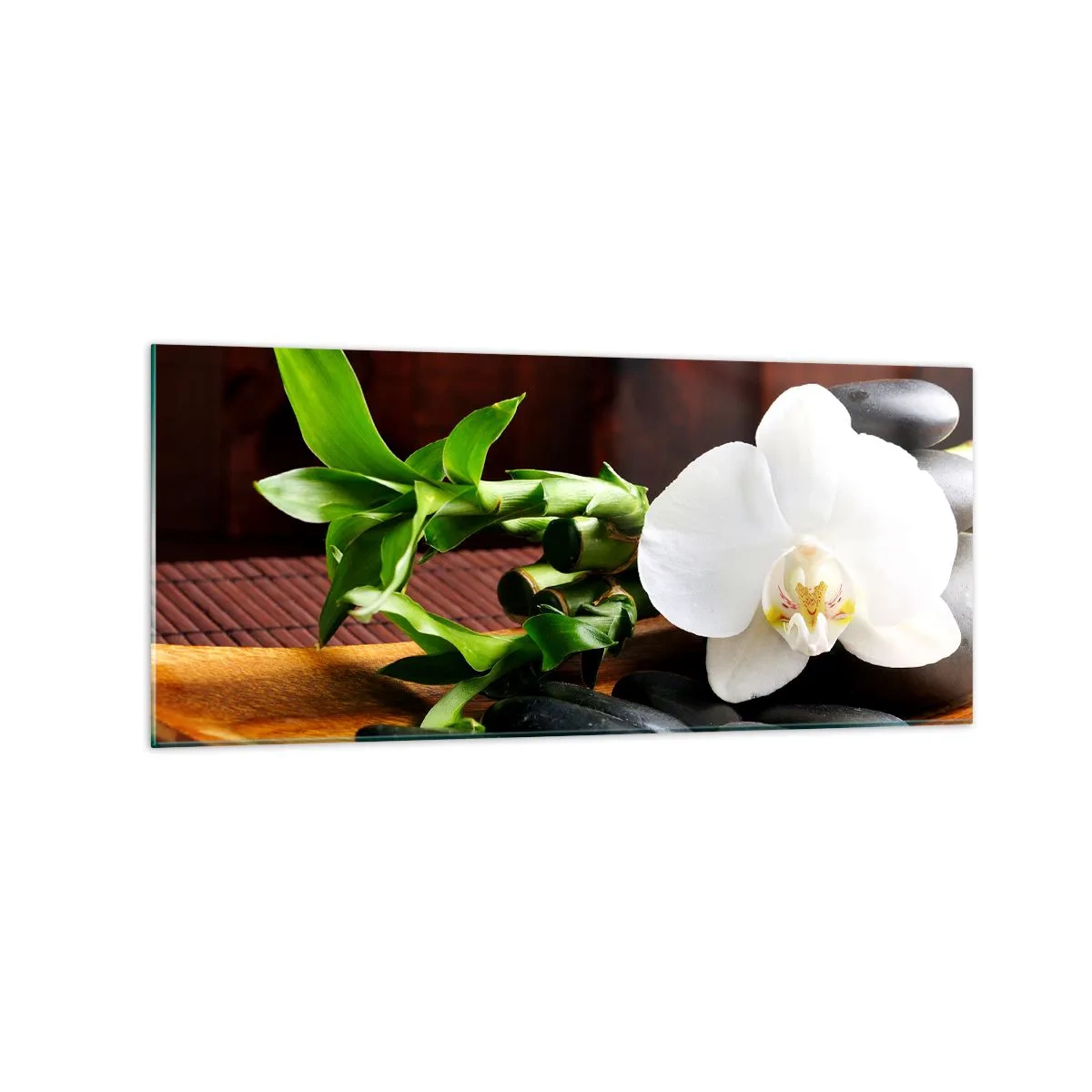 Quadro su vetro - Orchidea bianca con bambù su sfondo di pietra in stile Zen - 120x50cm - Lasciati toccare dalla natura - Decorazione murale moderna per soggiorno e camera da letto ARTTOR
