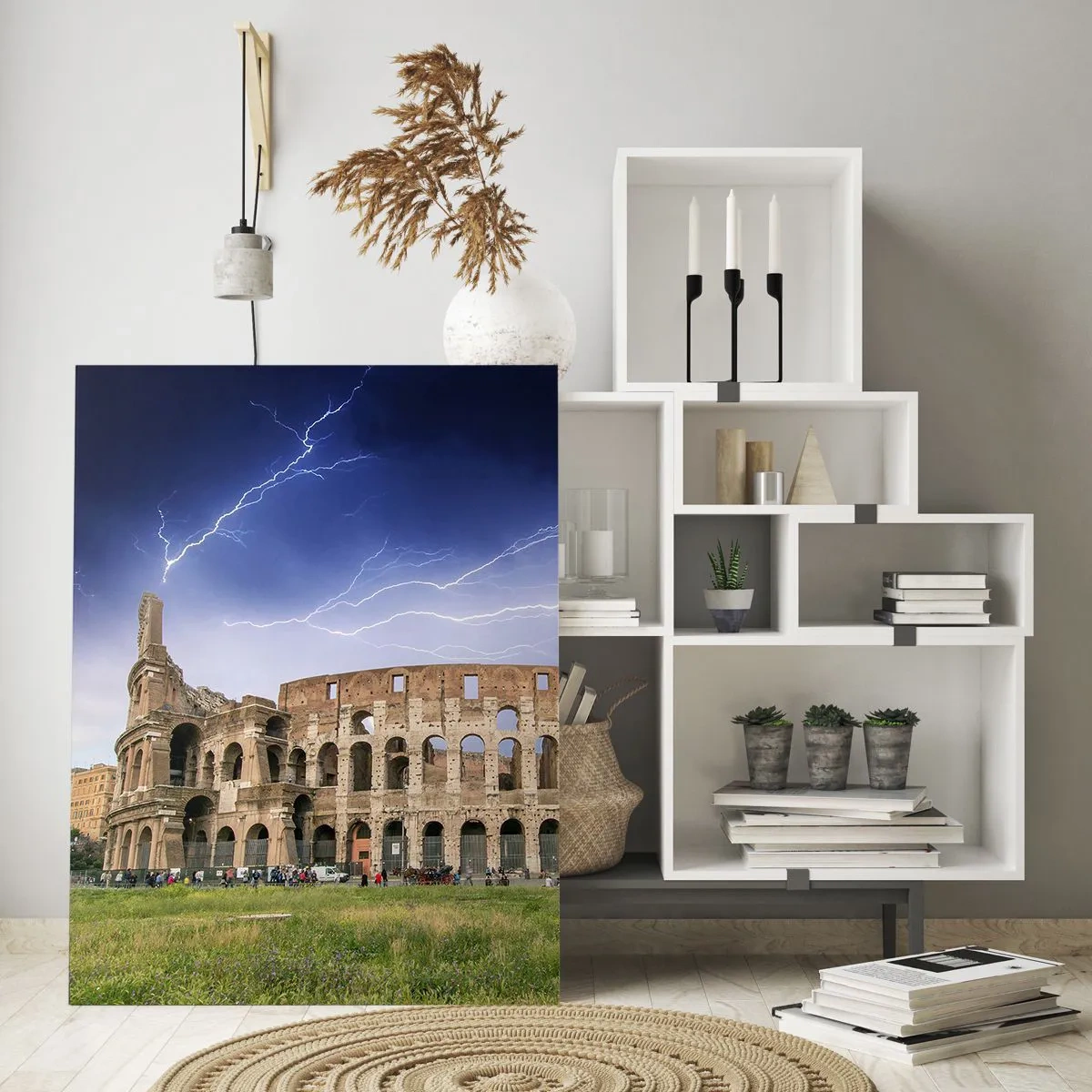 Quadro su vetro - Il Colosseo a Roma illuminato dai fulmini - 80x120cm - Arena di combattimenti - Decorazione murale moderna per soggiorno e camera da letto ARTTOR