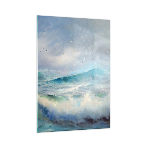 Quadro su vetro - Onde agitate dell'oceano con uccelli in un cielo nuvoloso - 50x70cm - Il turbine ululò di trionfo... - Decorazione murale moderna per soggiorno e camera da letto ARTTOR