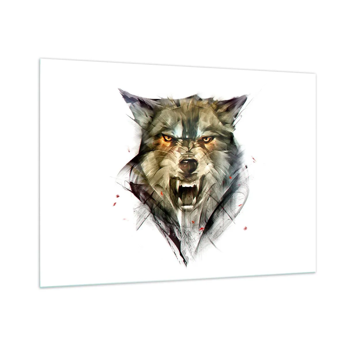 Quadro su vetro - Un'immagine di un lupo minaccioso con la bocca aperta e uno sguardo intenso - 100x70cm - Non si passa! - Decorazione murale moderna per soggiorno e camera da letto ARTTOR