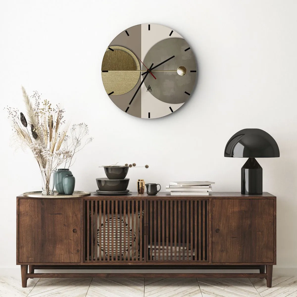 Orologio da parete - Orologio in Vetro - Forme geometriche dorate e beige su uno sfondo contrastante - 30x30cm - Equilibrio perfetto - Decorazione murale moderna per soggiorno, cucina e camera da letto ARTTOR