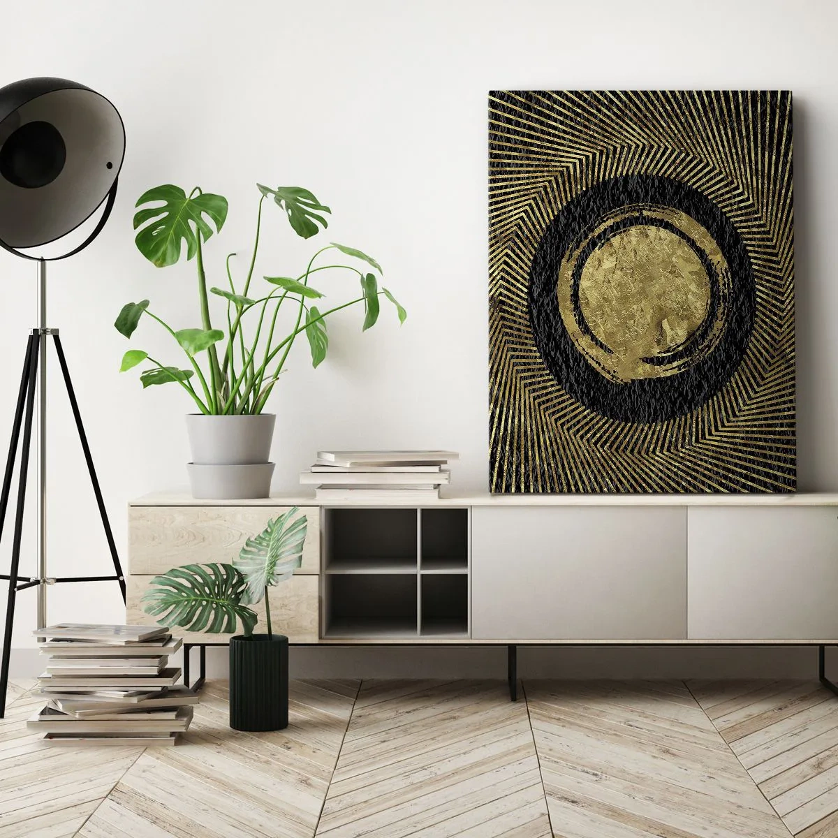 Quadro su tela - Stampe su Tela - Composizione geometrica in nero e oro con raggi - 50x70cm - Composizione glamour - Decorazione murale moderna per soggiorno e camera da letto ARTTOR