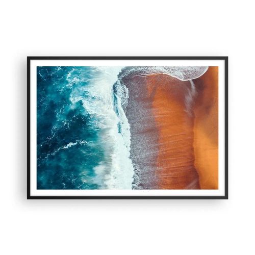 Poster in cornice nera - Una vista delle onde dell'oceano che si infrangono sulla spiaggia dorata - 100x70cm - Il tocco dell'oceano - Decorazione murale moderna per soggiorno e camera da letto ARTTOR