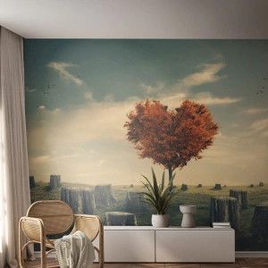 Fotomurali Premium Sand - Un albero a forma di cuore tra i tronchi abbattuti - 100x70cm - C'è sempre speranza - Decorazione murale moderna per soggiorno e camera da letto ARTTOR