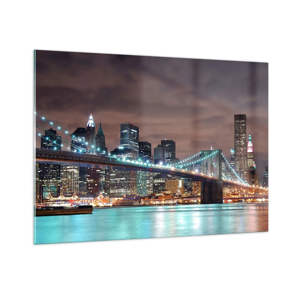 Quadro su vetro - Panorama notturno della città con il ponte illuminato - 100x70cm - Le luci della grande città - Decorazione murale moderna per soggiorno e camera da letto ARTTOR