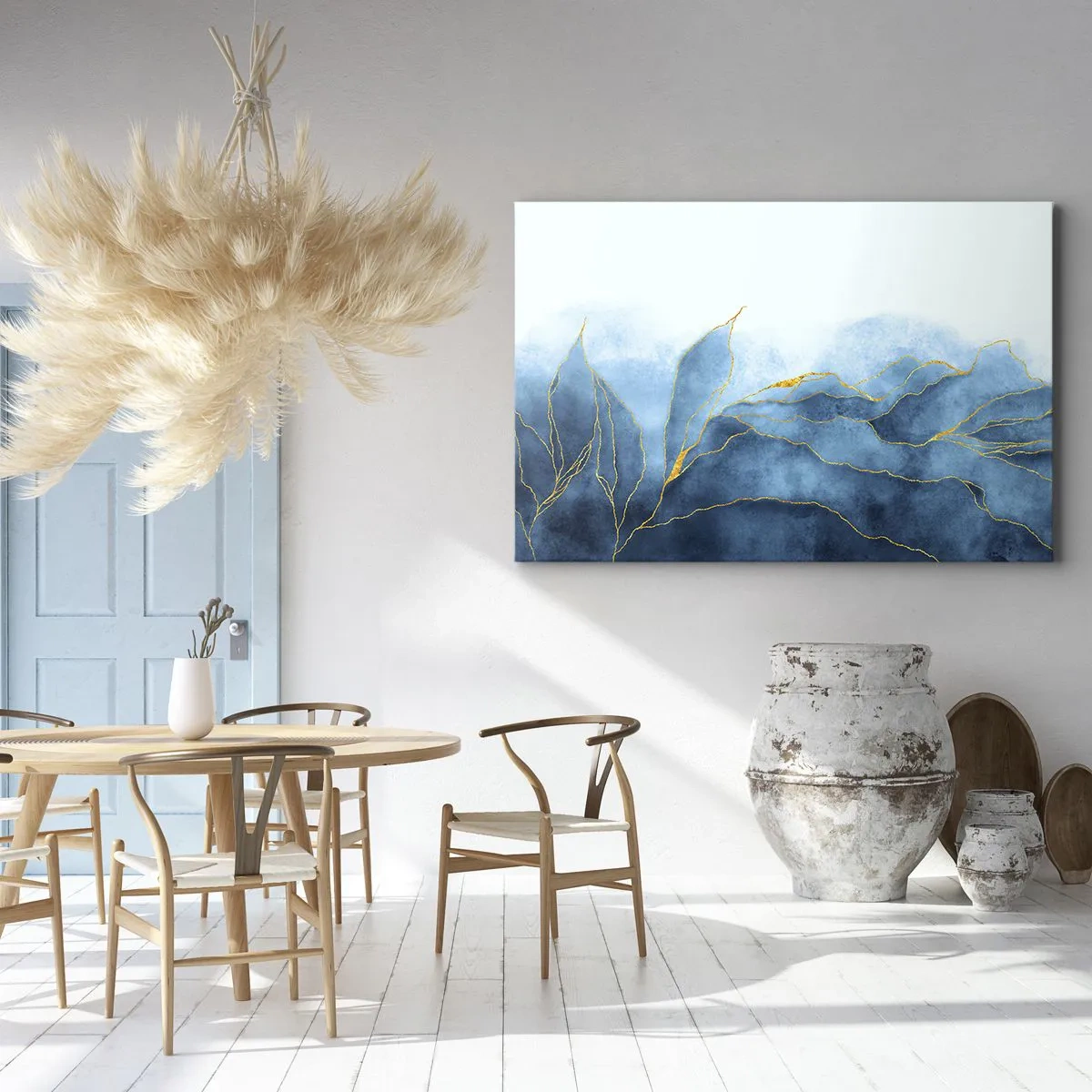 Quadro su tela - Stampe su Tela - Onde astratte nelle tonalità del blu con accenti dorati - 120x80cm - Blu nell'oro - Decorazione murale moderna per soggiorno e camera da letto ARTTOR