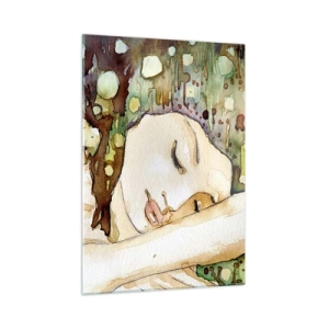Quadro su vetro - Una donna addormentata in un acquerello artistico dai colori caldi. - 50x70cm - Sogno smeraldo e viola - Decorazione murale moderna per soggiorno e camera da letto ARTTOR