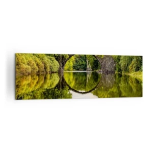 Quadro su tela - Stampe su Tela - Un ponte di pietra sopra un fiume con un riflesso perfetto nell'acqua - 160x50cm - All'incontro di due mondi - Decorazione murale moderna per soggiorno e camera da letto ARTTOR