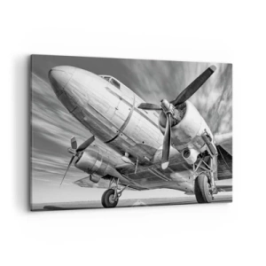 Quadro su tela - Stampe su Tela - Immagine in bianco e nero di un aereo classico con dettagli strutturali visibili. - 120x80cm - Sempre pronto al volo - Decorazione murale moderna per soggiorno e camera da letto ARTTOR