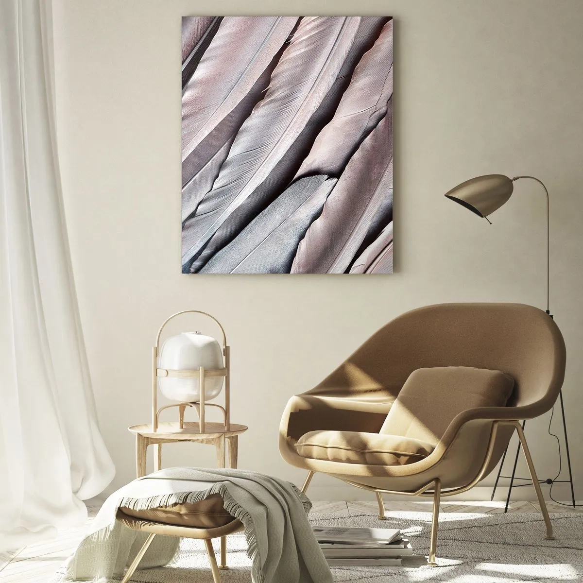 Quadro su vetro - Primo piano di piume pastello nelle tonalità del rosa e dell'argento - 50x70cm - Argento rosato - Decorazione murale moderna per soggiorno e camera da letto ARTTOR