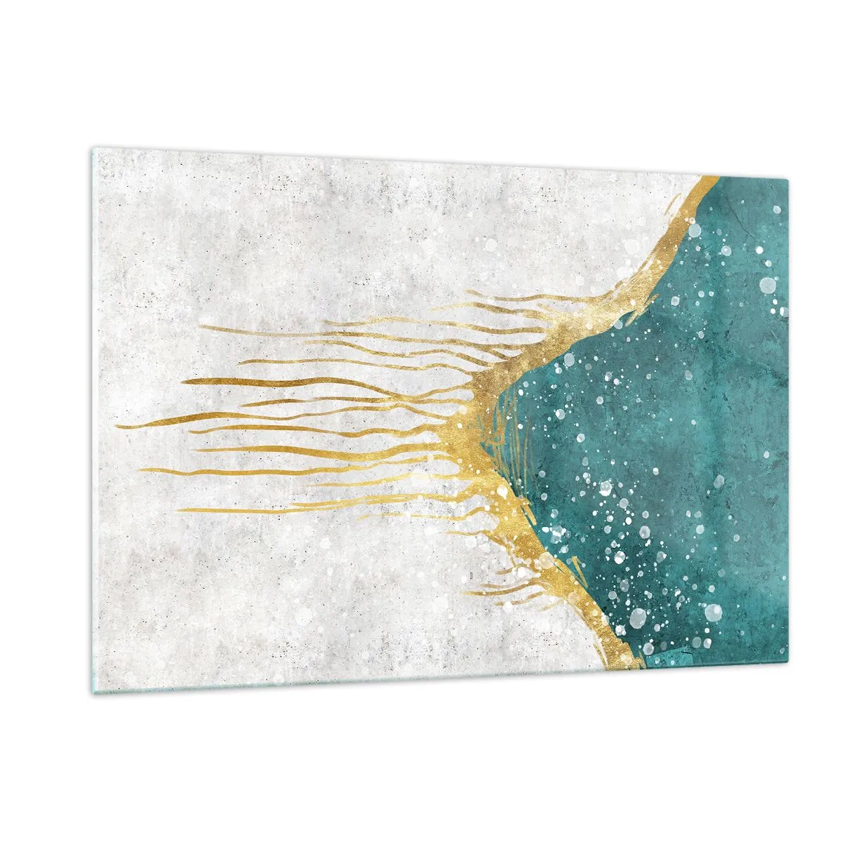 Quadro su vetro - Motivo astratto dorato su sfondo turchese e bianco - 120x80cm - Flusso dorato - Decorazione murale moderna per soggiorno e camera da letto ARTTOR