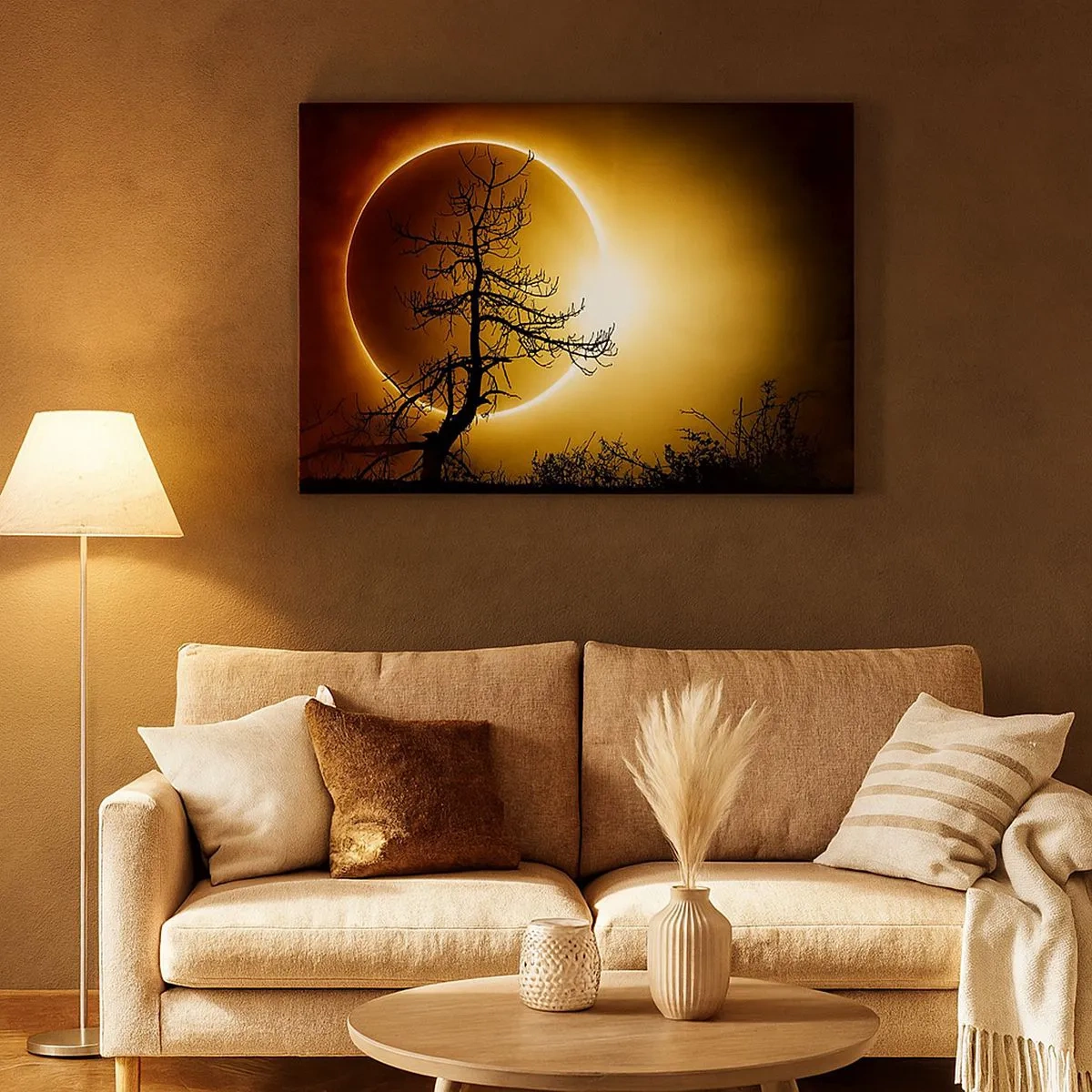 Quadro su tela - Stampe su Tela - Eclissi solare con la sagoma di un albero in primo piano - 70x50cm - Eclissi totale - Decorazione murale moderna per soggiorno e camera da letto ARTTOR