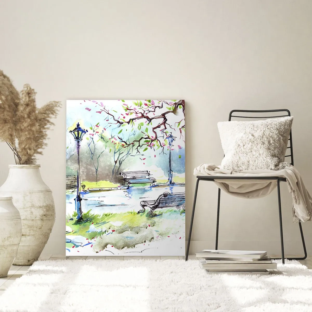 Quadro su vetro - Scena di parco ad acquerello con panchine e lampade - 70x100cm - Il fascino del silenzio del parco - Decorazione murale moderna per soggiorno e camera da letto ARTTOR