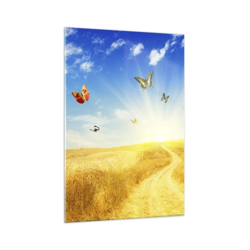 Quadro su vetro - Un campo dorato, un sentiero e farfalle contro un cielo azzurro - 70x100cm - Come non amare l'estate? - Decorazione murale moderna per soggiorno e camera da letto ARTTOR