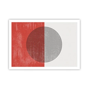 Poster - Motivo geometrico con cerchi concentrici su sfondo rosso e bianco - 100x70cm - Dritto al centro - Decorazione murale moderna per soggiorno e camera da letto ARTTOR