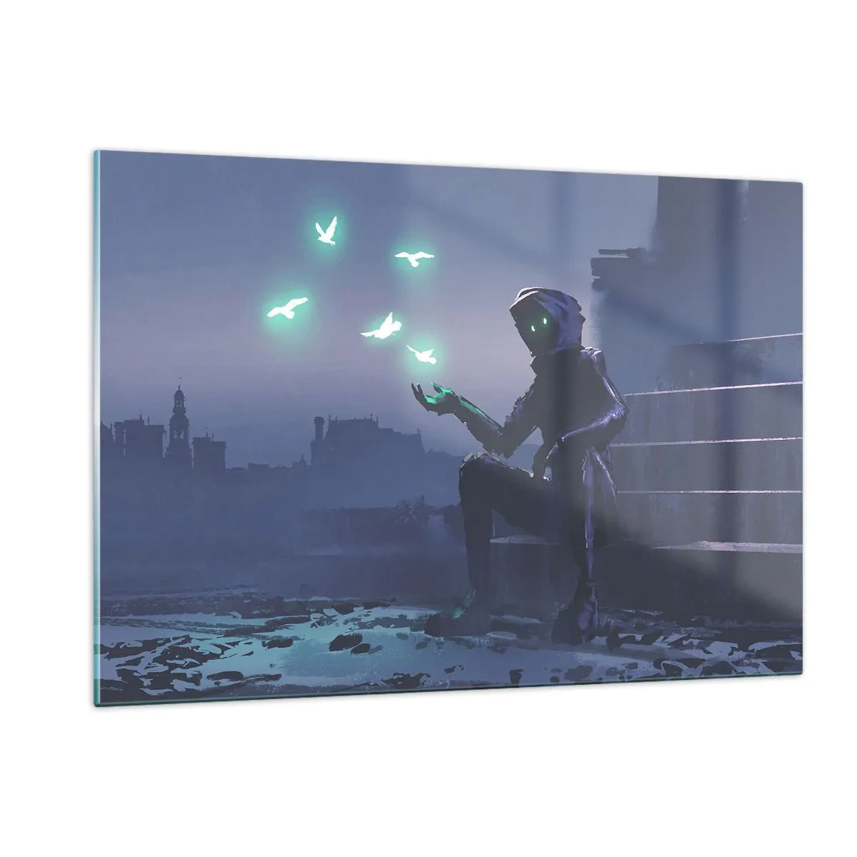 Quadro su vetro - Una figura nell'oscurità circondata da uccelli verdi fluttuanti - 120x80cm - La vita ritorna - Decorazione murale moderna per soggiorno e camera da letto ARTTOR