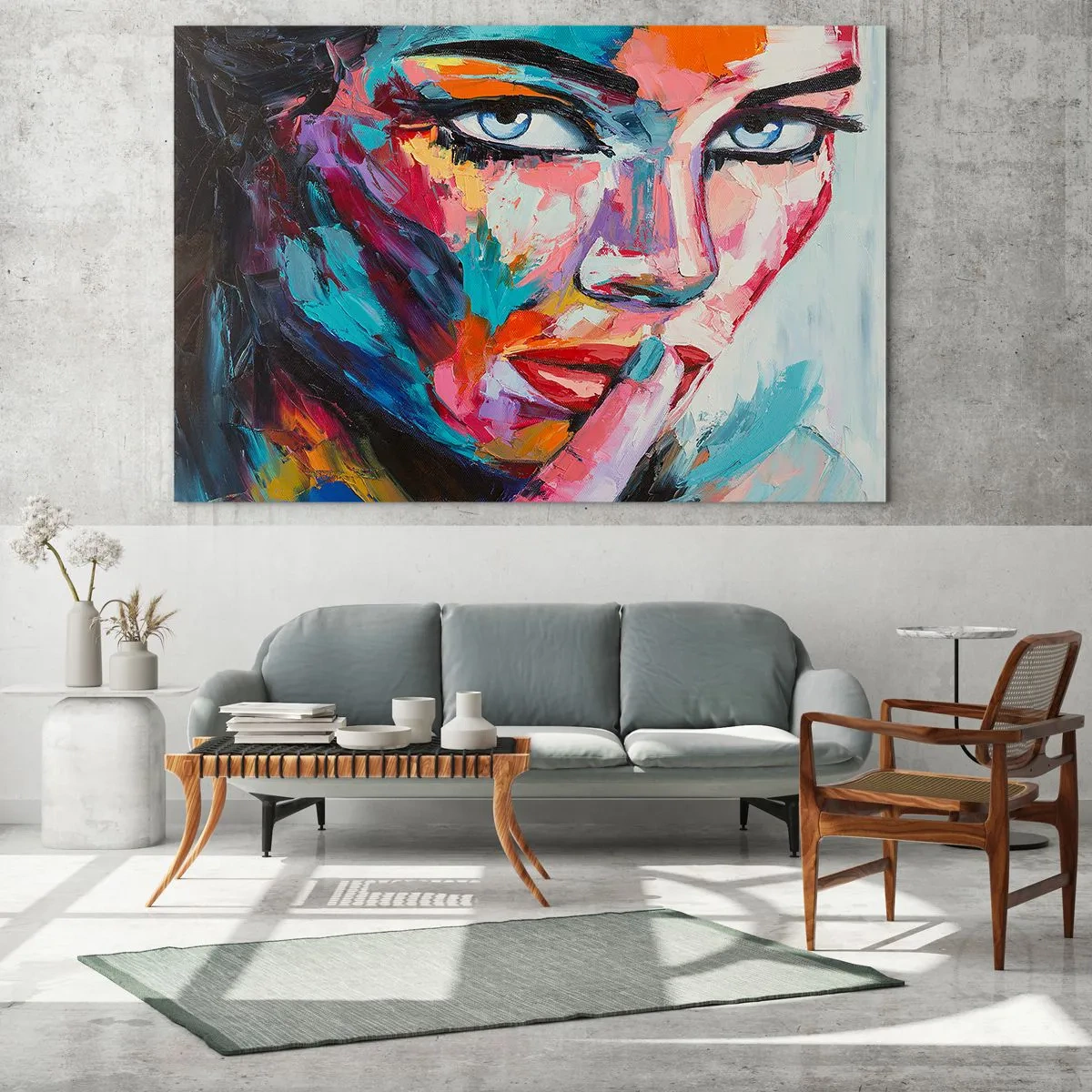 Quadro su vetro - Ritratto colorato di una donna in stile astratto - 120x80cm - Il nostro primo segreto - Decorazione murale moderna per soggiorno e camera da letto ARTTOR