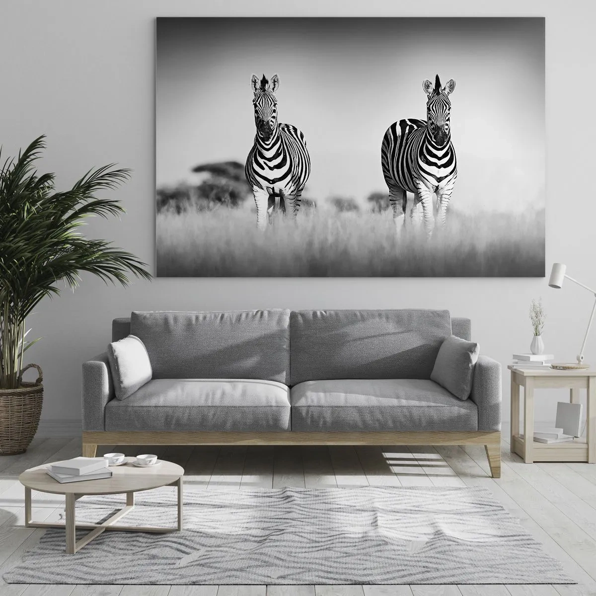 Quadro su vetro - Una coppia di zebre su uno sfondo di erba bianco e nero, ritratte nel loro habitat naturale. - 100x70cm - E tuttavia il mondo è bianco e nero - Decorazione murale moderna per soggiorno e camera da letto ARTTOR